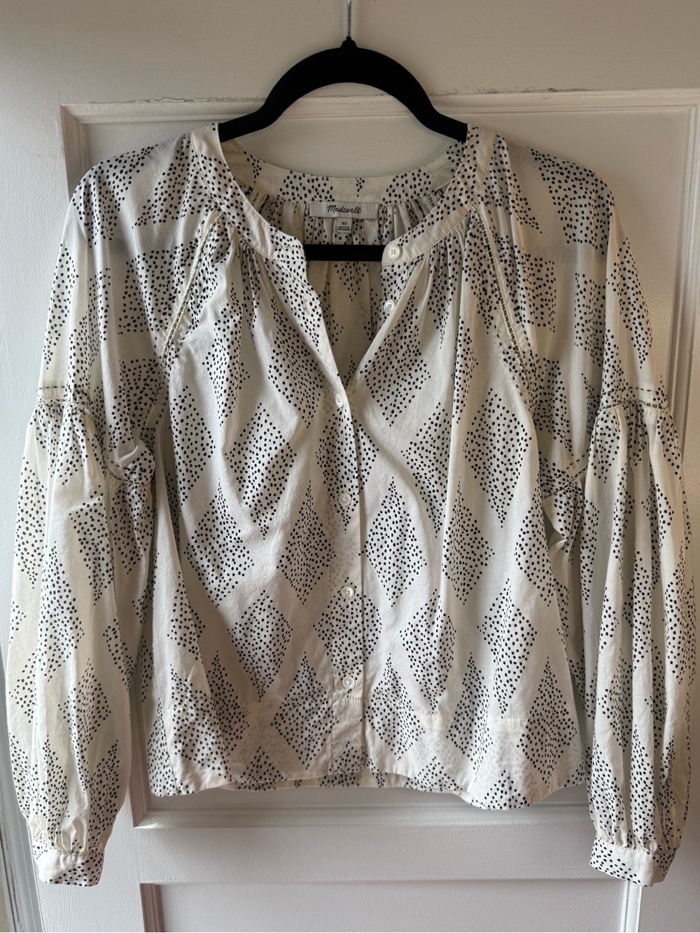 Madewell Cream Blouse with Black Diamond Dot Pattern